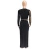 Contrast Color V Neck Zipper Waist Sexy Lady Leopard Geometry Print Belt Long Sleeve Lady Dress