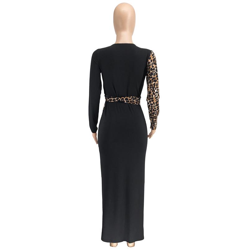 Contrast Color V Neck Zipper Waist Sexy Lady Leopard Geometry Print Belt Long Sleeve Lady Dress