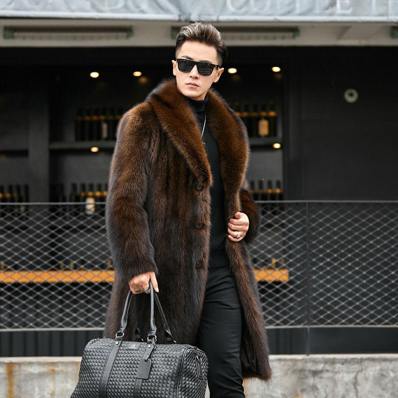 Imitation mink coat men's long autumn and winter large size velvet thickened imitation raccoon fur imitation fur coat brown