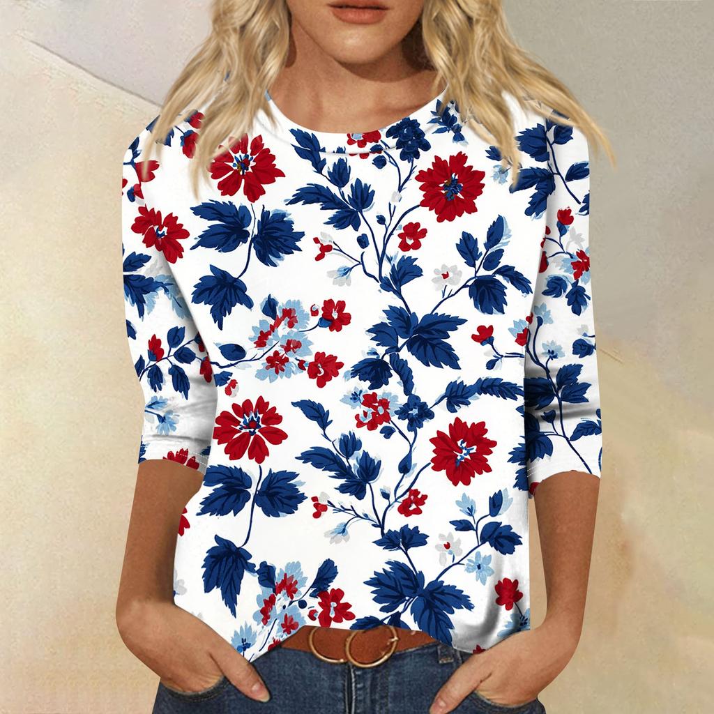 Women’s Crew Neck 3/4 Sleeve Casual Top with Floral Print Lightweight Pullover Loose Fit Blouse for Everyday Wear