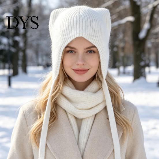 Warm Knitted Hat for Women Cat Ear Hat, Flap Cute Foldable Cold Weather Winter Brimless Skiing Hiking Outdoor Casual Wear Lightweight Breathable Knit