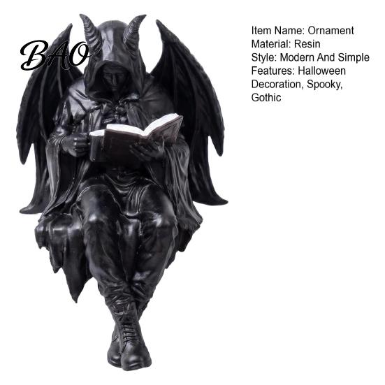 Skelett Dekoration Halloween Buchleser Figur, Gruselige Teufel Harz Skulptur, Gotische Figur Schwarzes Gewand Sensenmann Statue für Zuhause Büro