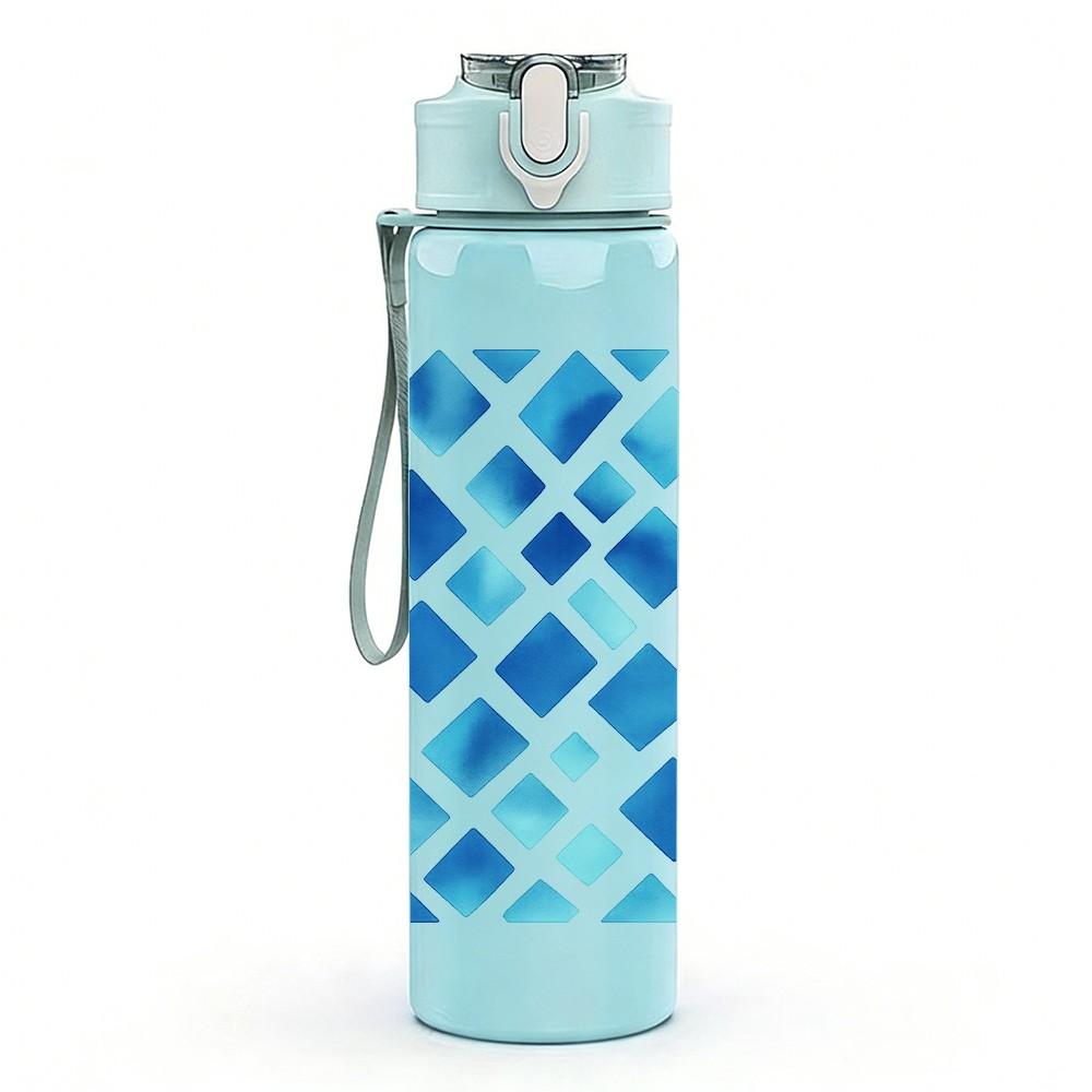 1PC Blue Diamond Grid Pattern 750ml Color Plastic Sports Water Bottle Leakproof Flip Straw Lid Suitable for Sports Office Home Use