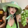 Double-sided Plaid Wide-edged Lace-up Bucket Hat Summer Outdoor Versatile Sunscreen Sweet Contrasting Color Plaid Women's Caps