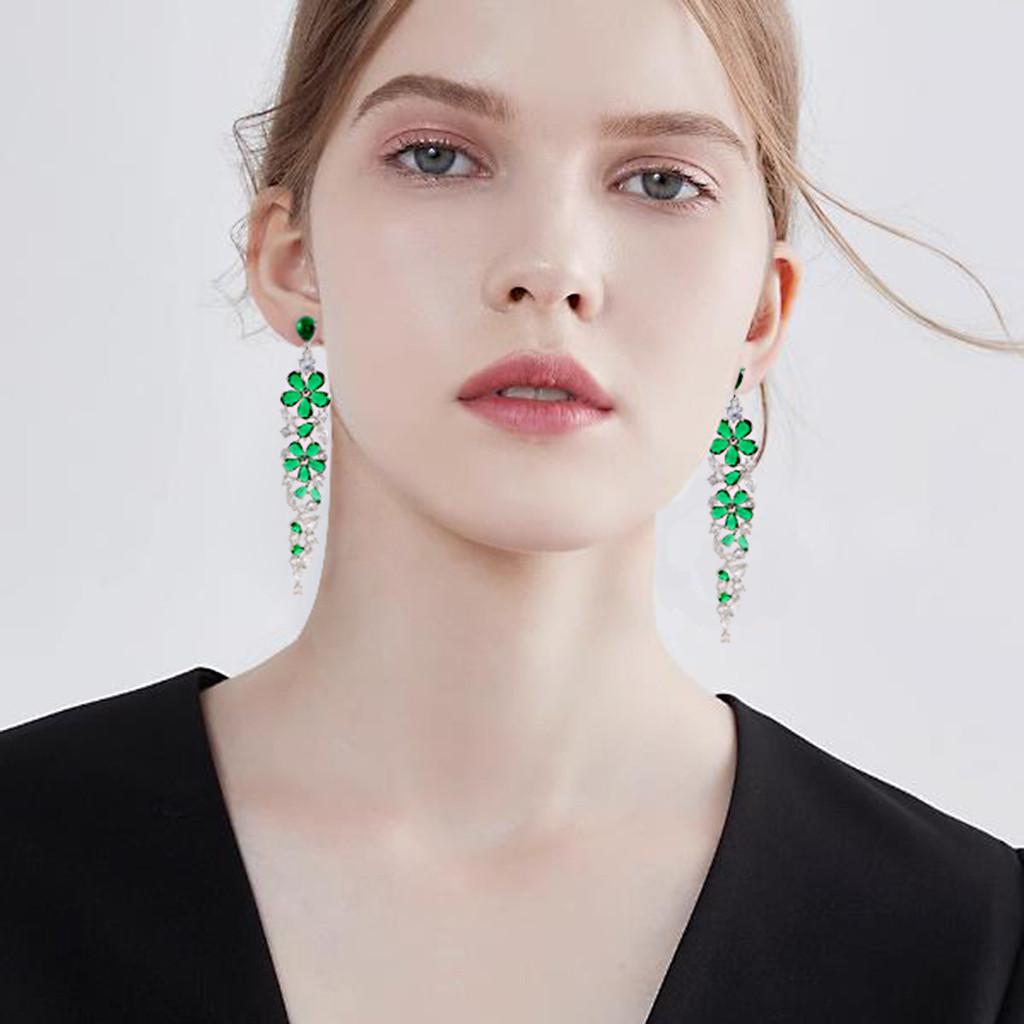 Floral Green Crystal Drop Earrings For Wedding And Party Wear