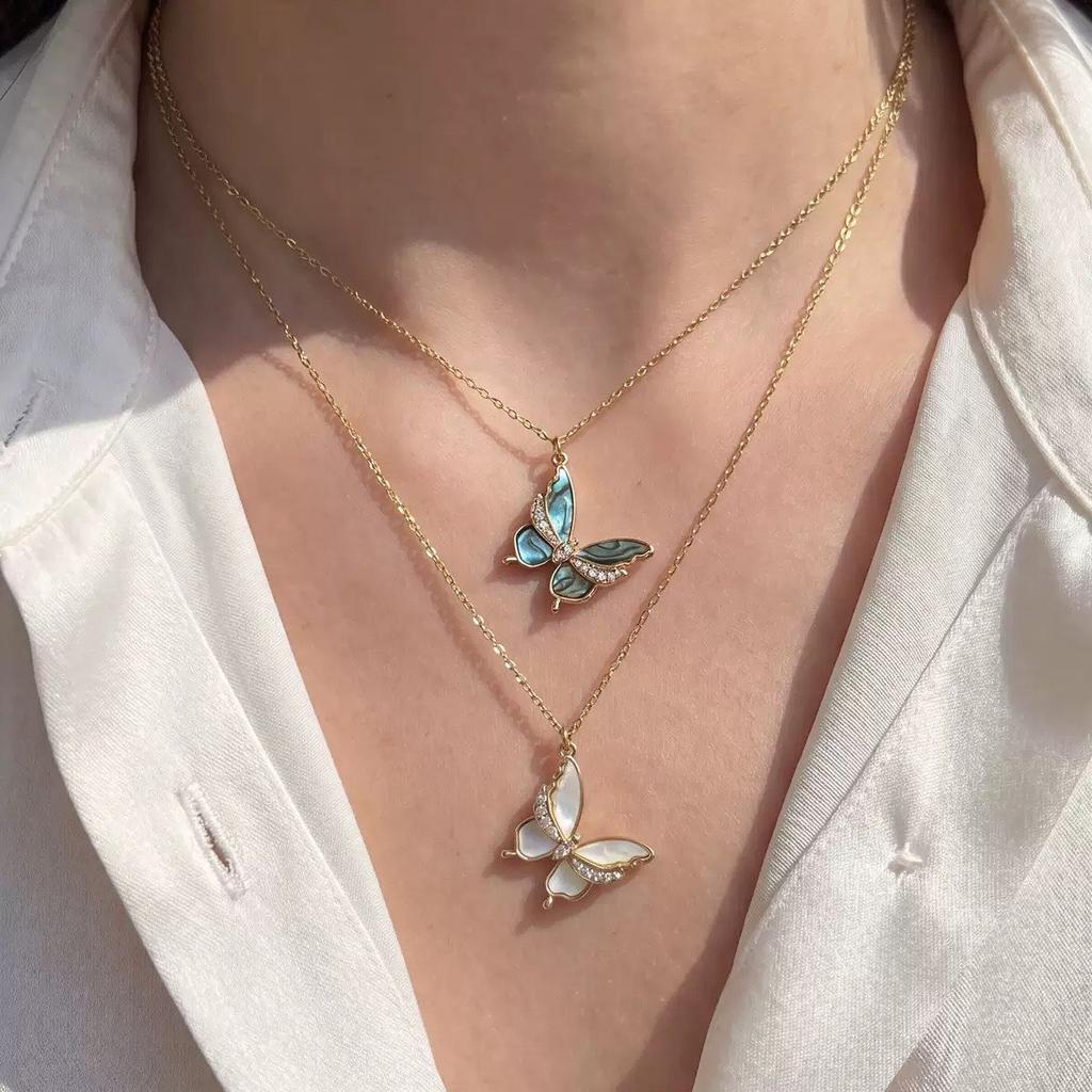 Stainless Steel Luxury Colored Shell Zircon Butterfly Pendant Exquisite Necklace For Women New Fashion Neck Chain Jewelry Gift