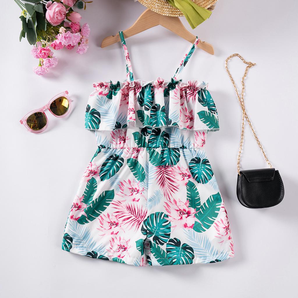 Macacão Floral para Meninas Halter Sem Costas Praia Verão Moda Infantil Macacão Casual