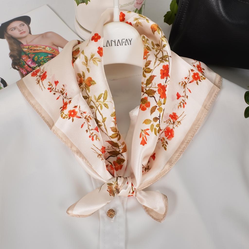 [BYSIFA] Blue Yellow Women Fashion Plaid Pattern 100% Silk Scarf Small Square Scarves Elegant Floral Ladies Hair Accessories