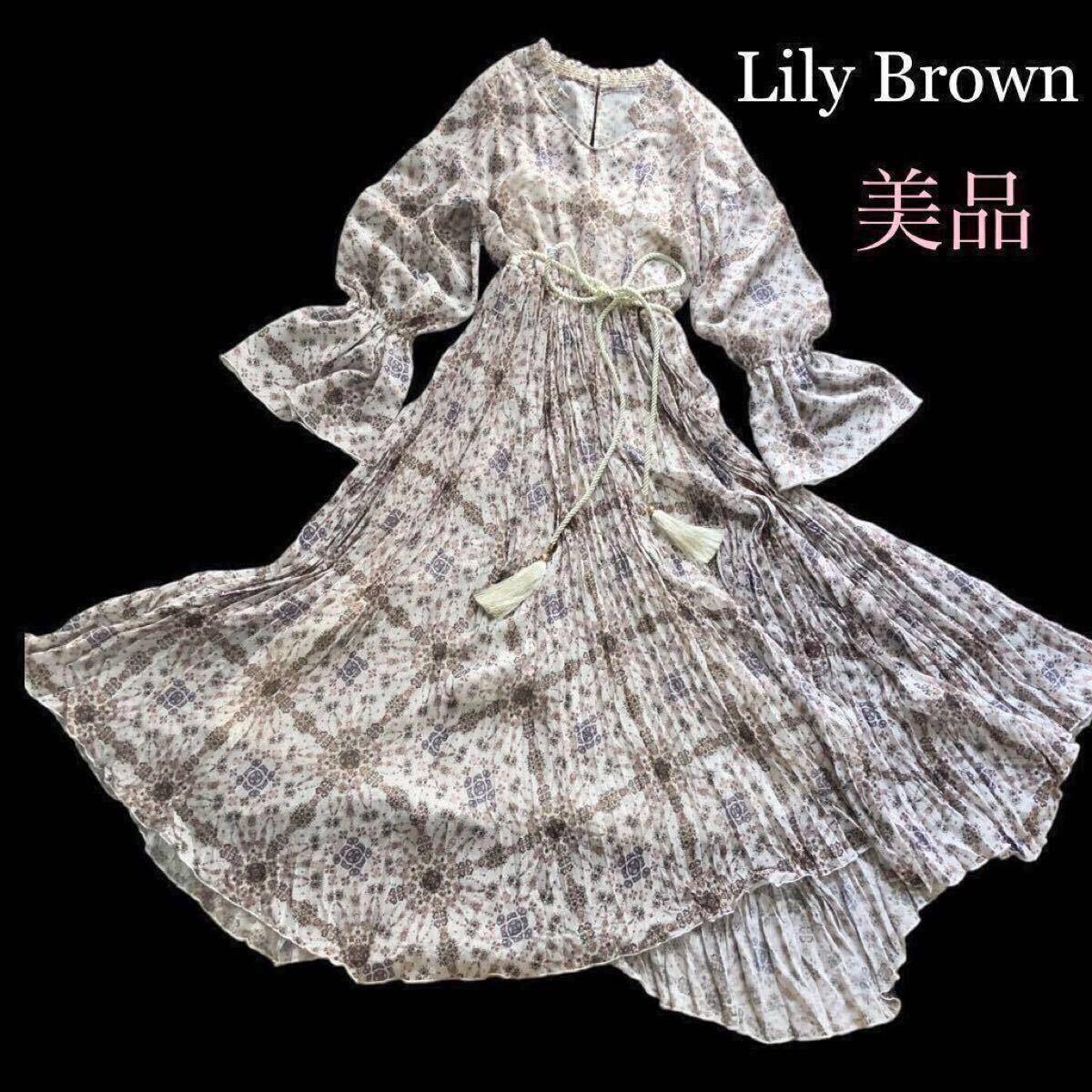 Good Condition LILY BROWN Kaleidoscope Dress Maxi Long Long Sleeve Gathered Pleated Chiffon Flare Tassel Belt Free Size