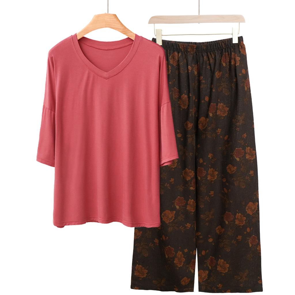 Pajamas Women's Spring and Summer New V-neck Short-sleeved Cotton and Linen Pants European and American Large-size Loungewear Two-piece Set