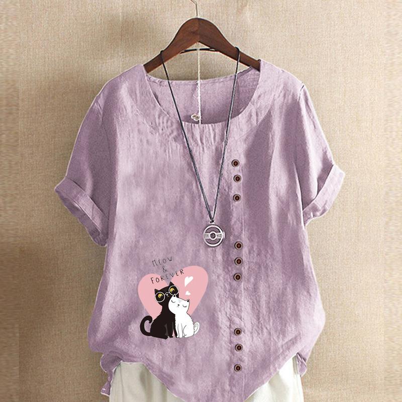 Women's Fashion Couple Cat Prined Short Sleeve T-shirt Loose Cotton Shirt Casual Loose Summer Blouse Tops Plus Size