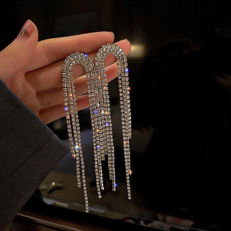 

Fashion personality exaggerated long fringed earrings for women, silver needles super flash full of diamond stud earrings temperament earrings