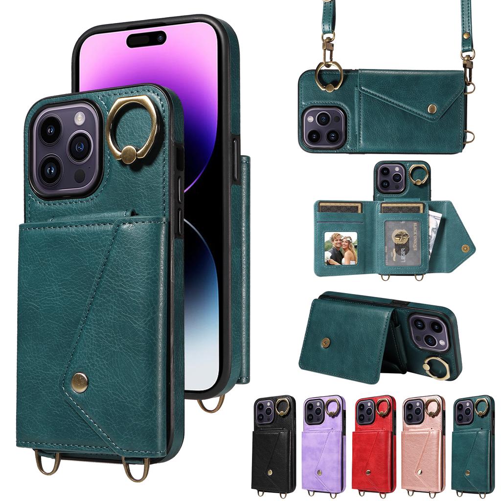 For iPhone 14 Series.for iPhone 14,14 Plus,14 Pro,14 Pro Max Shoulder Strap Rope Ring Bracket Design Card Holder Slots Lichee Pattern Cover Phone Case