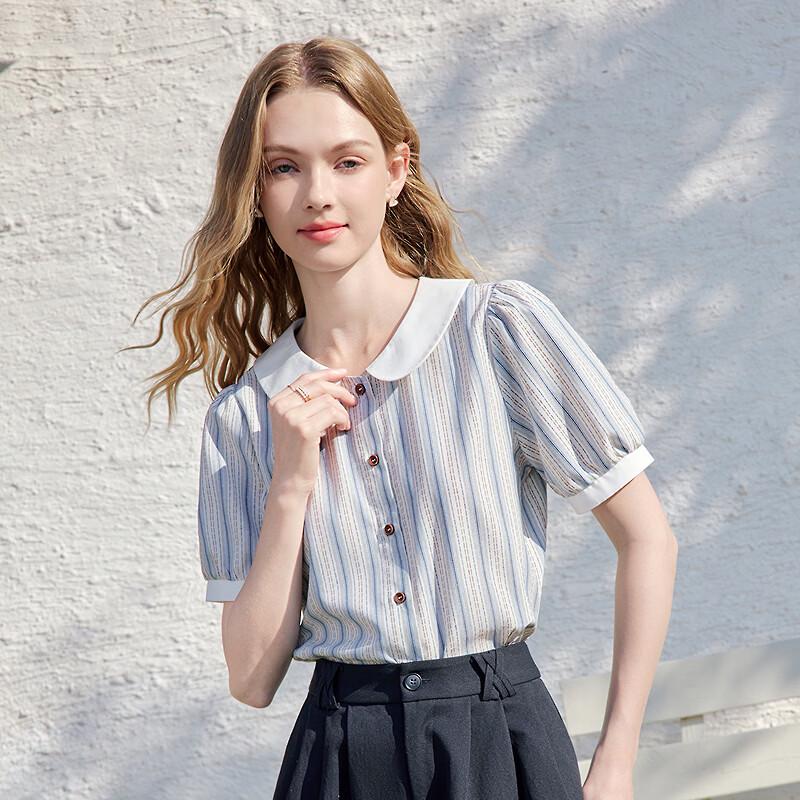 Betu Women's Striped Puff Sleeve Doll Collar Short Sleeve Shirt