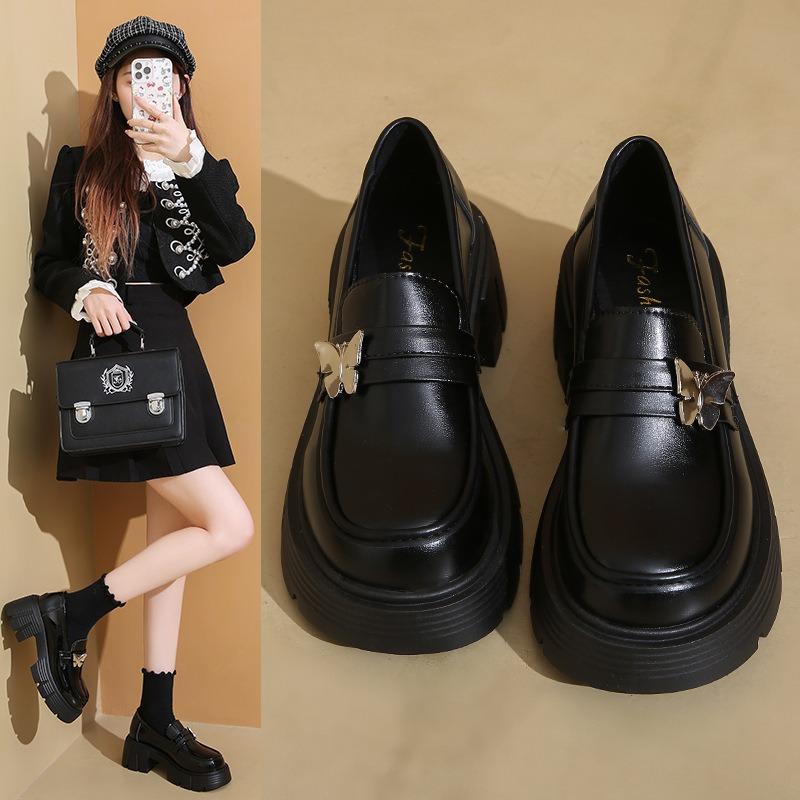 Thick-soled heightening women's spring new black small leather shoes, one-pedal single shoes women