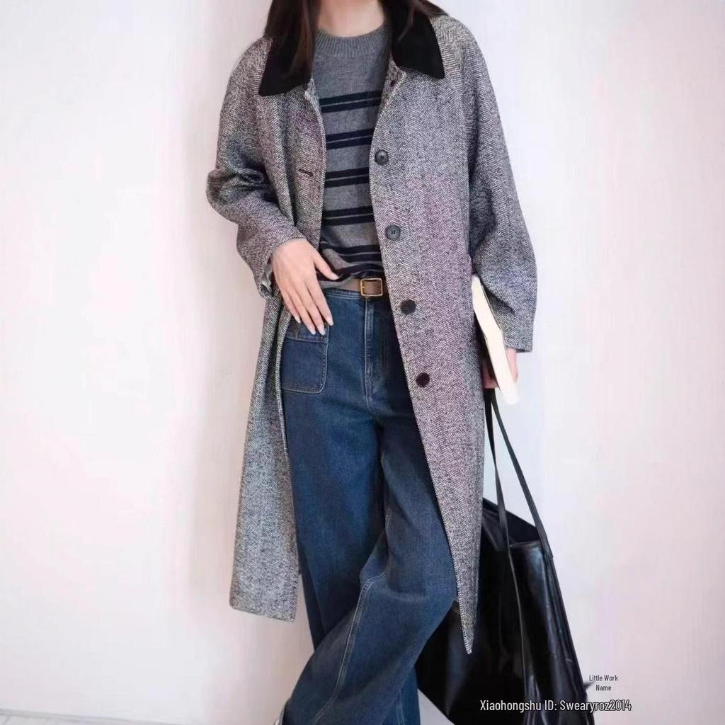 IC Xiaohe 2025 Herbst Damen Wollmischung Tweed Langer Mantel