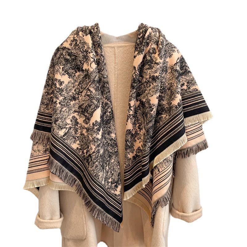 Warm Thick Wool-Blend Scarf With Tassels Soft Faux Cashmere Square Shawl Women Winter Office Daily Wear