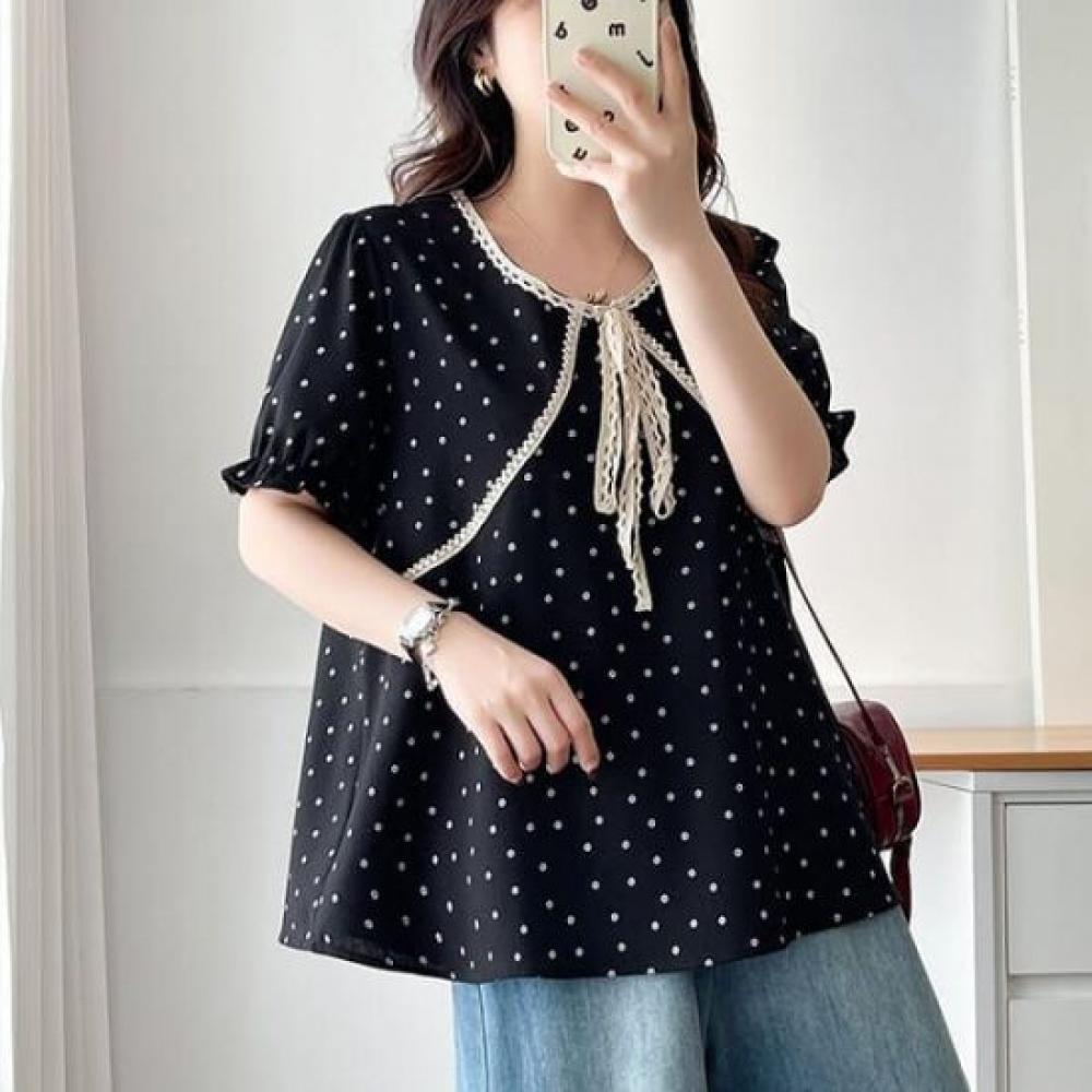 NaVaVa Women LoVely Dot V Neck Lace Short sleeVe Blouse Nb2669