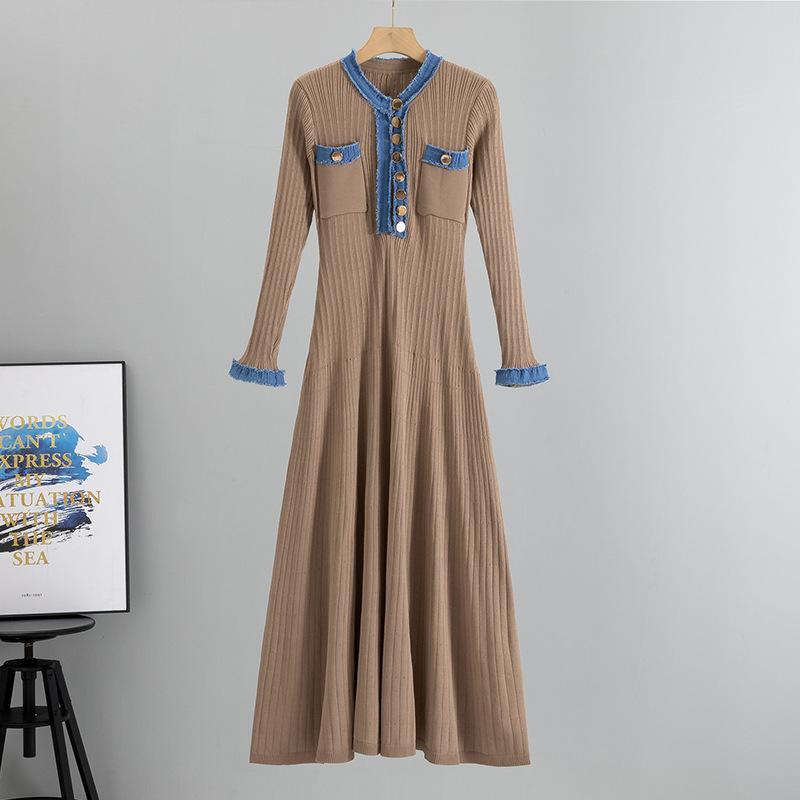 Women's Spring Long Sleeve Sweater Dress Fall Button Ribbed Knit Pleated Dresses Color Block Knit A Line Slim Fit Elegant Maxi Dresses for Women
