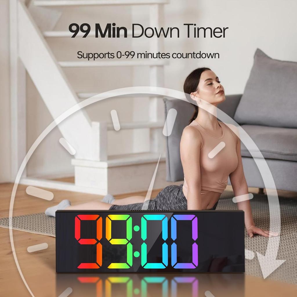 JALL 16.2" Large Digital Wall Clock with Seconds, Bluetooth Sync, Alarm Big LED, RGB Color, DST Temperature for Classroom Bedroom Garage Gym, Mount,