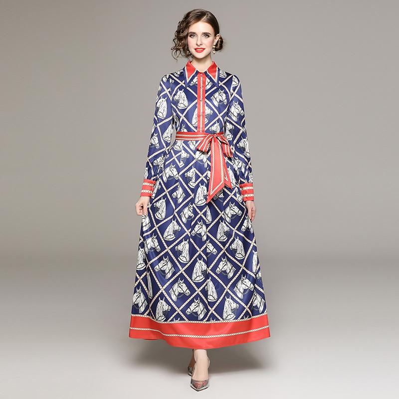 Mode Designer Runway Fliege Gürtel Hemd Kleid Frauen Volle Hülse Drehen Unten Kragen Animal Print Colorblock Lange Maxi Kleider