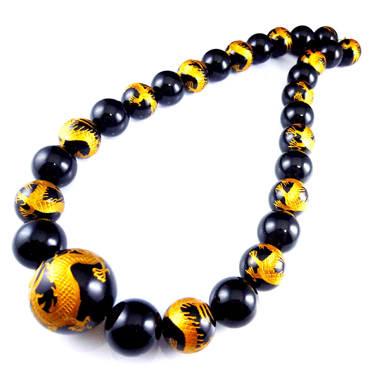 

[Seki-Ki] 30mm Gold-Carved Emperor Dragon Onyx Prayer Beads Necklace for Men, Natural Stone, 1121