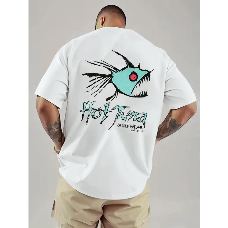 Casual T-shirt met korte mouwen voor heren | Cyan Piranha Hot Tuna T-shirt, Wasbaar in de machine, Normale pasvorm, Ronde hals, Veelzijdig voor buitensporten