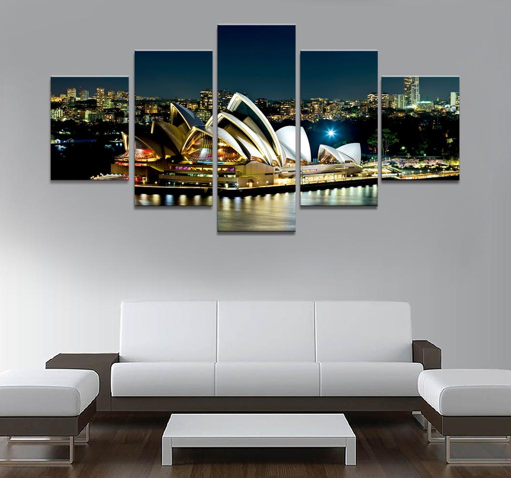 Home Decor Poster Pictures Prints Canvas 5 Piece Modular Night Sydney Opera House Scenery Living Room Decorative Painting No Frame