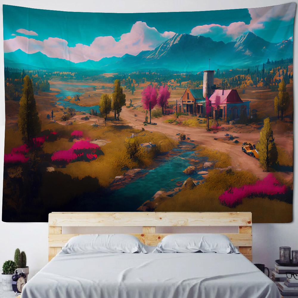 Beautiful wooden house, floral tapestry, forest landscape, home decoration hanging cloth, living room dormitory background cloth