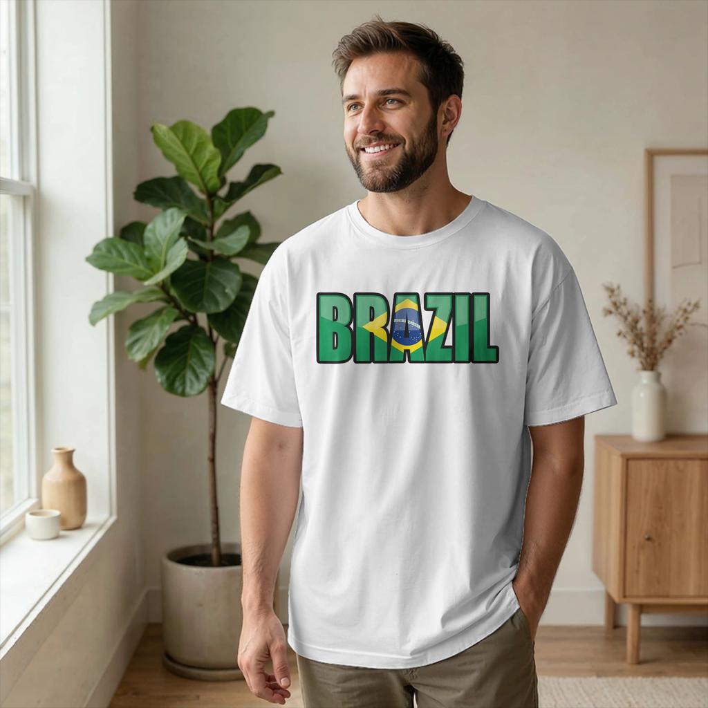 Creative Brazilian Flag of Brazil BR Pride T-Shirt for Men Round Collar Cotton T Shirts Souveni