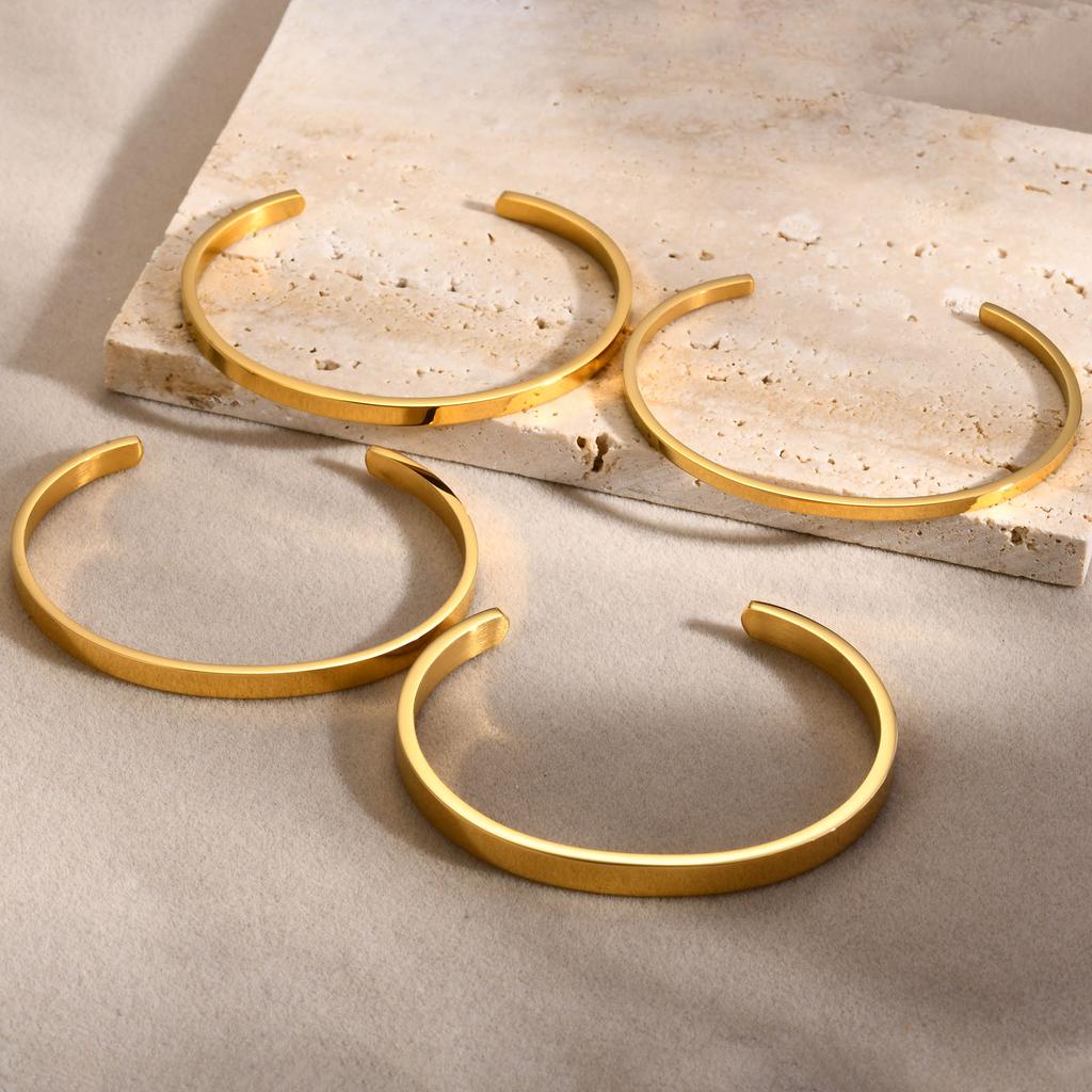 Women's Simple Smooth Stainless Steel Cuff Bracelets, 3/4/5/6mm Wide Open Bangles Gold Plated, Little Luxury Classic Jewelry