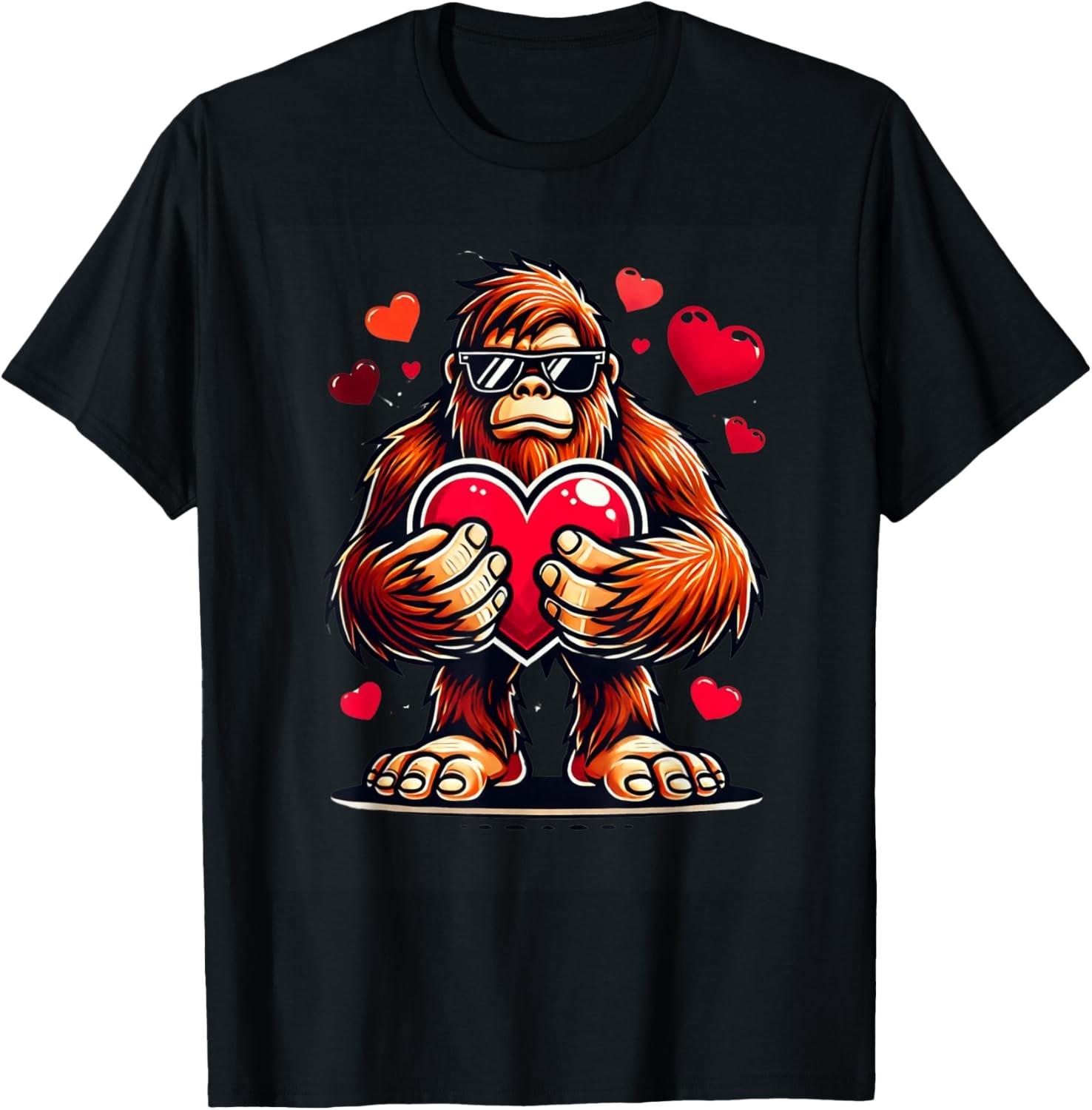 BEST! Funny Valentines Day Bigfoot Heart Sunglasses Sasquatch Tee S-3XL XXL