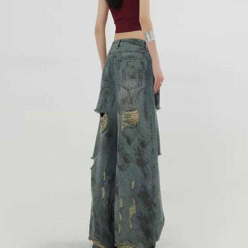 Women's High Waist Wide Leg Jeans Vintage Distressed Ripped Baggy Straight Leg American Plus Size Summer Denim Trousers