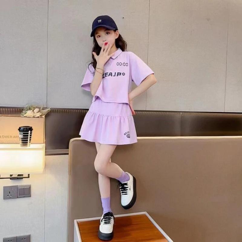 

Летний комплект одежды для девочек-подростков, детский комплект из футболки с буквенным принтом и юбки, детский комплект из 2 предметов поло с коротким рукавом 150 фиолетовый