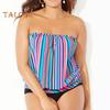 2Pcs/Set Women Swimsuit Set Bandeau Sleeveless Striped Print Swimming Tops High Waist Swimming Trunks Set Beachwear