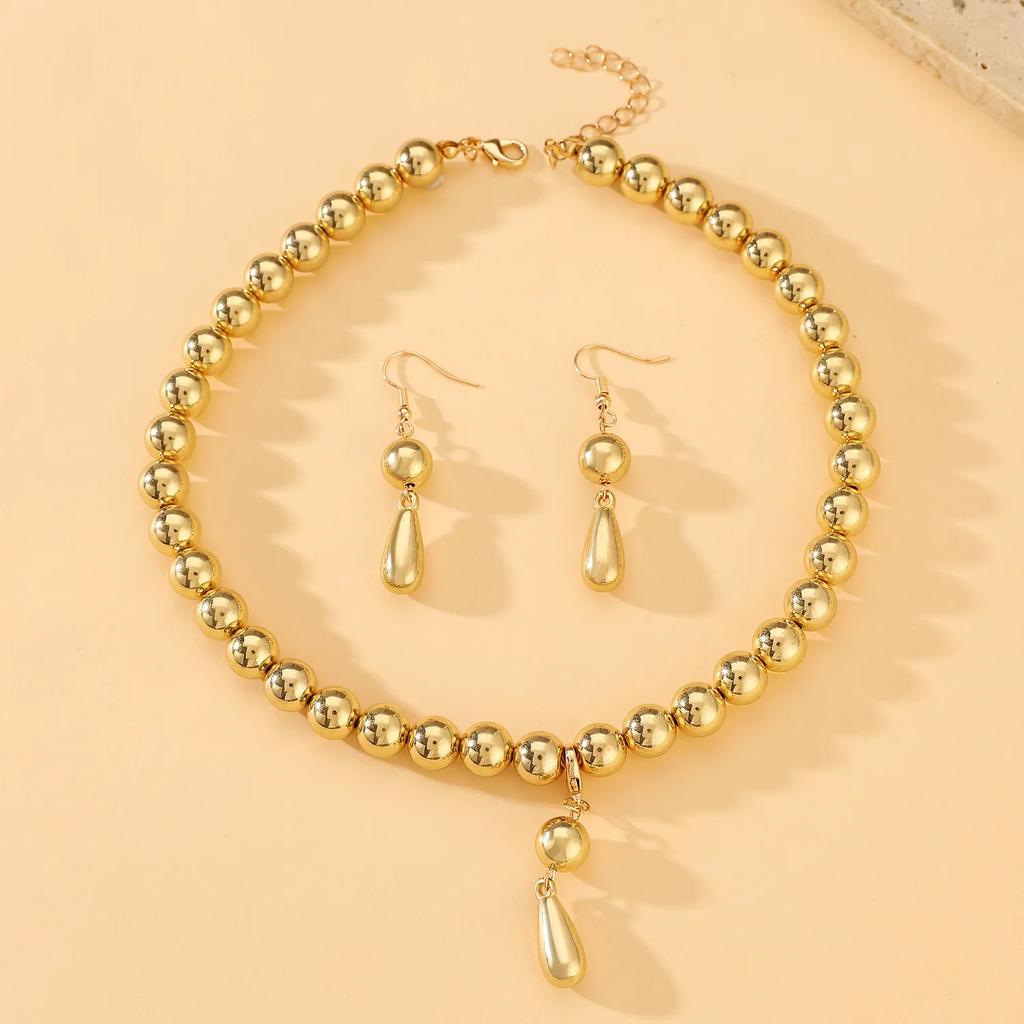 Exaggerated Round Bead Chain Necklace Gold Color Ladies Zircon Sets CCB Imitation Metal Texture Water Drop Pendant and Earrings