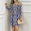 Women Plus Size Asymmetric Cold Shoulder Long Sleeve Purple Snake Print Irregular Wrap Bodycon Midi Dress