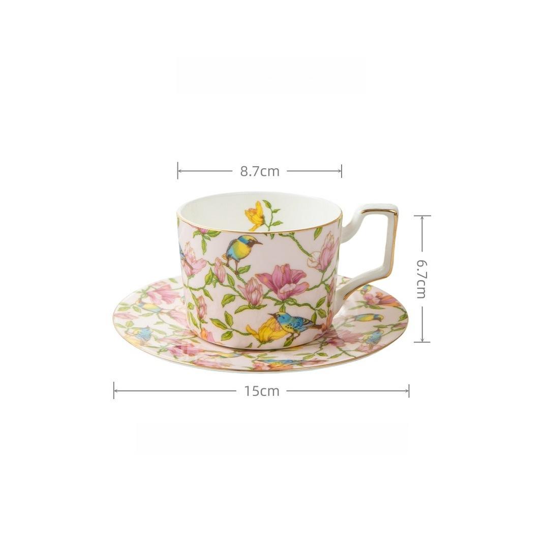 Luxury Gold Rim Bone China Coffee Cup and Saucers 270ml, Elegant Floral Bird Porcelain Tea Cup Tableware Set, Daily Coffee Cup for Home розовый