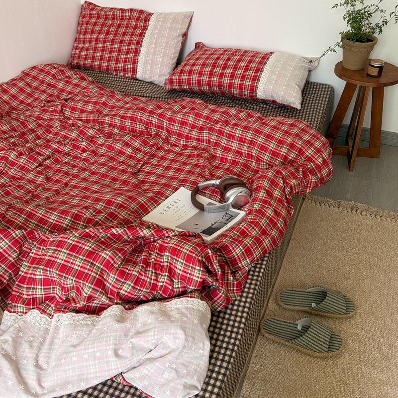 INS Girls Retro Red Grid Bedding Sets  New Lace Bed Sheet Set Women Plaid Queen Size Duvet Cover Sets With Pillowcases