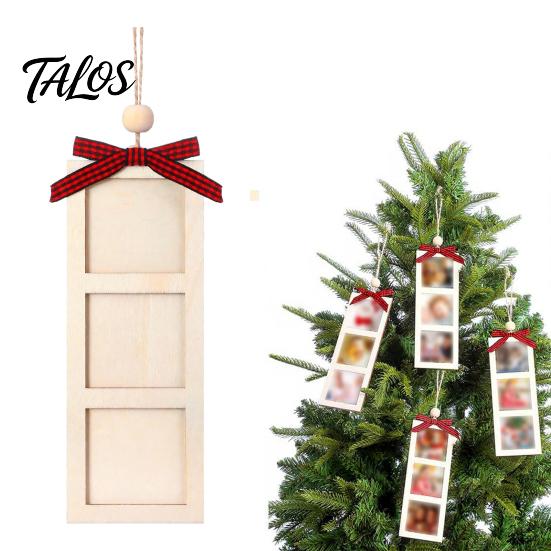 Xmas Hanging Decoration for Home Christmas Wooden Photo Frame Ornament, DIY Picture Holder with Craft Ornament Party Ribbon Bow, Holiday Tree