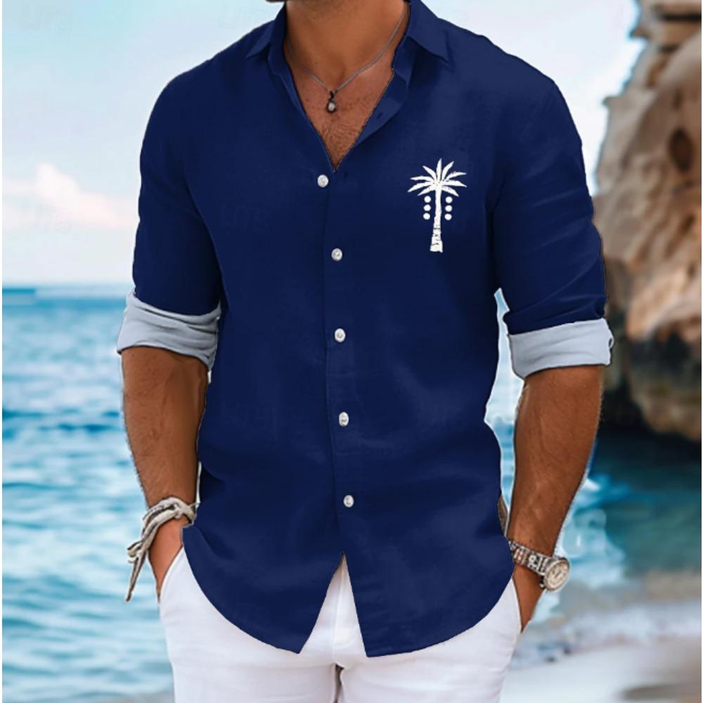 Camicie da uomo a maniche lunghe con stampa di palme, cardigan casual, nuovi bottoni, camicie moda per le vacanze