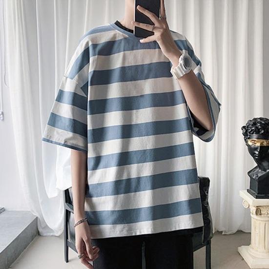 Men Summer T-shirt Striped Color Matching Half Sleeves Round Neck Loose Japanese Style Casual Daily Wear Teenager Streetwear Spring Top