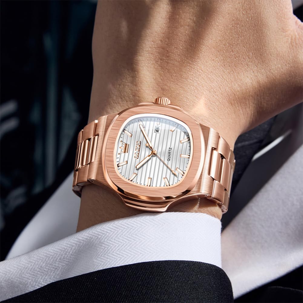 OLEVS Quartz Navy Stainless Date Stylish Brand Watch in Rose Gold White Men's Watch, Design, Steel, Waterproof, Display, Calendar, Luminous, Popular,