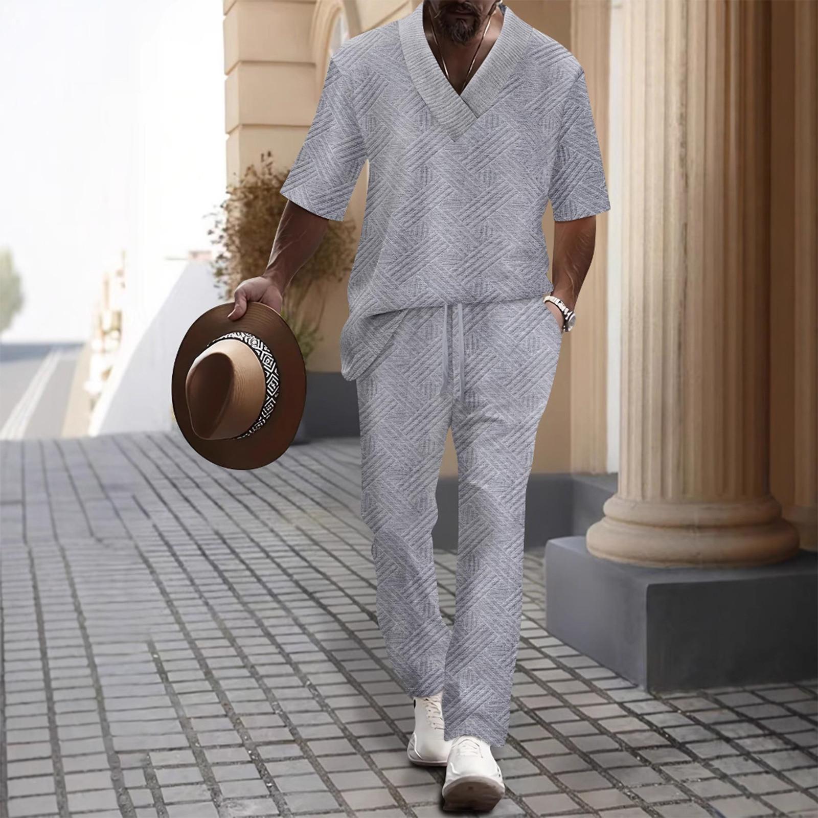 

Мужской однотонный повседневный комплект из двух предметов с короткими рукавами и воротником XL