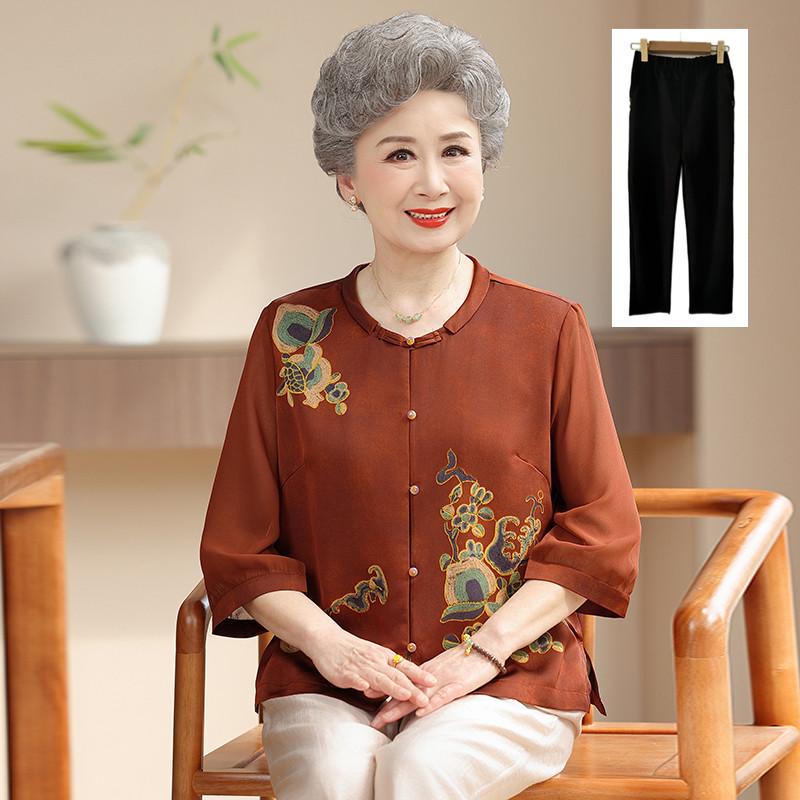 Chinese-Style Summer Shirt for Elderly Women - Grandma's Festive National Design for Spring, Birthday, or Wedding.