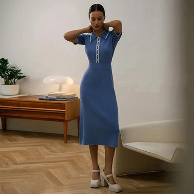 Nuevo verano Mujer Polo vestidos de punto Colorblock elegante manga corta botones ceñido al cuerpo vestido envolvente vestido femenino