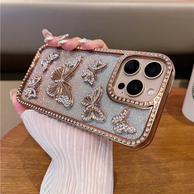 For iPhone 16 Pro Max Luxury Flash Glitter Butterfly Plating Frame Phone Case For iPhone 11 12 13 14 15 16 Plus Rhinestone Cover