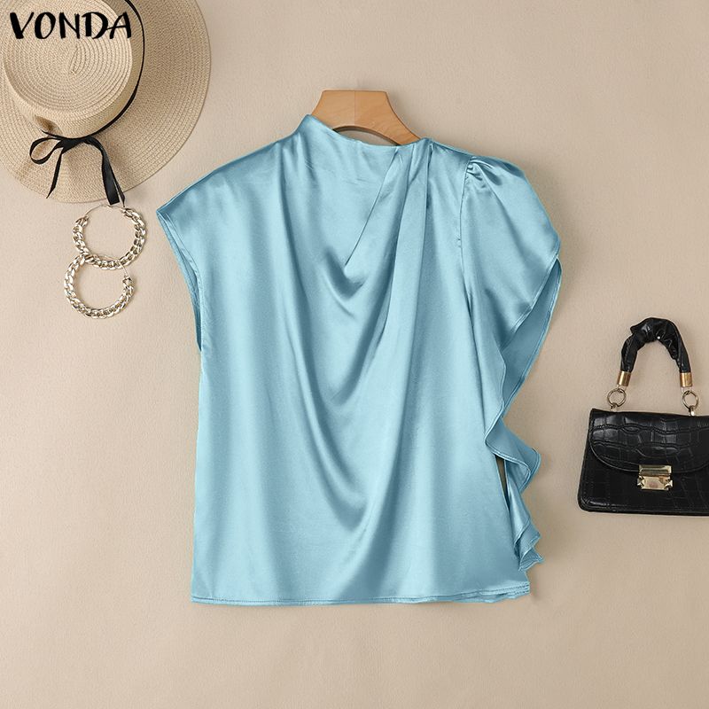 

VONDA Women Elegant Short Sleeve Casual Twisted Satin Tops T-shirts 3XL синий