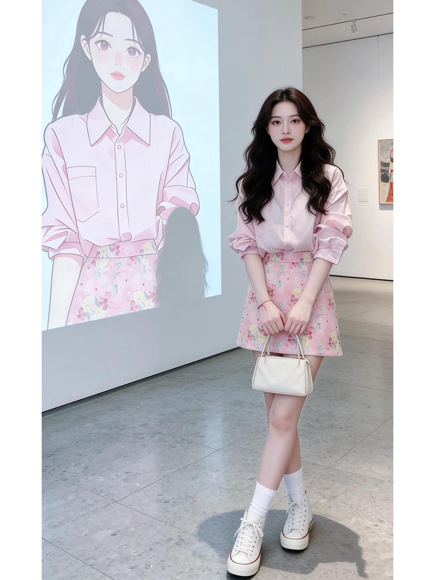 

Elegant Pink Tencel Sun Shirt & Floral Skirt Set - Chic Korean Style Large