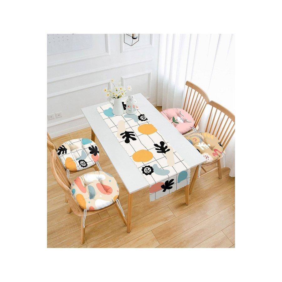 5-teiliges Stuhlkissen-Set / digital bedruckt, 4 Stück runde Stuhlkissen und 1 Stück Läufer